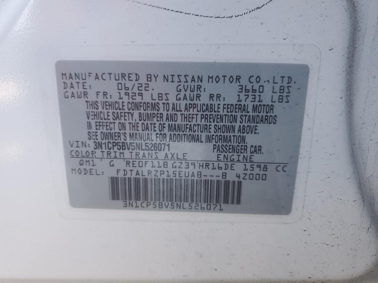 2022 Nissan Kicks VIN 3N1CP5BV5NL526071 Copart auction photo, rear end damage thumbnail 14