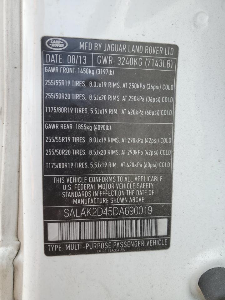 2013 Land Rover LR4 VIN SALAK2D45DA690019 Copart auction photo, front end damage thumbnail 13