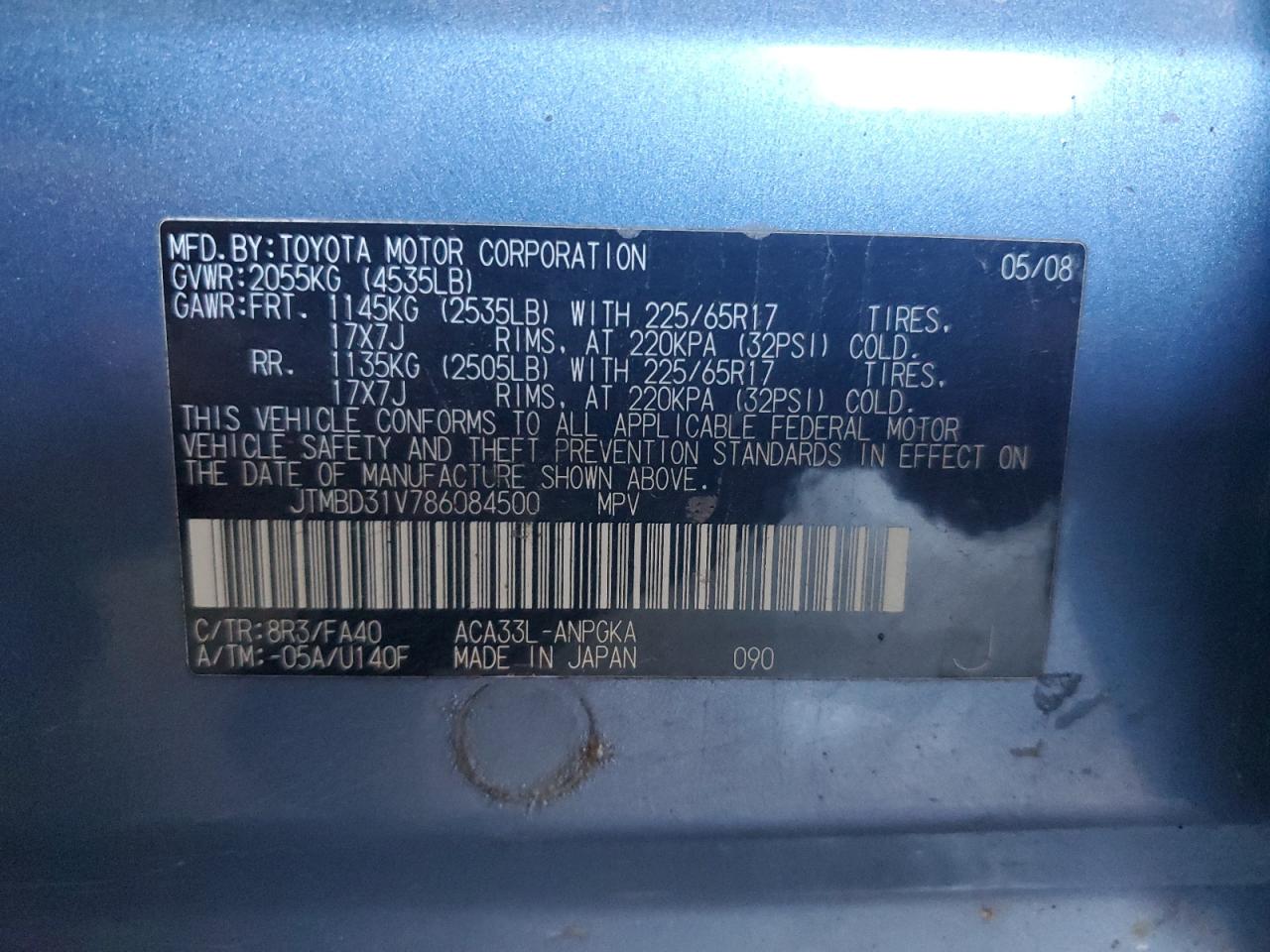2008 Toyota RAV 4 VIN JTMBD31V786084500 Copart auction photo, front end / minor dent/scratches damage thumbnail 15