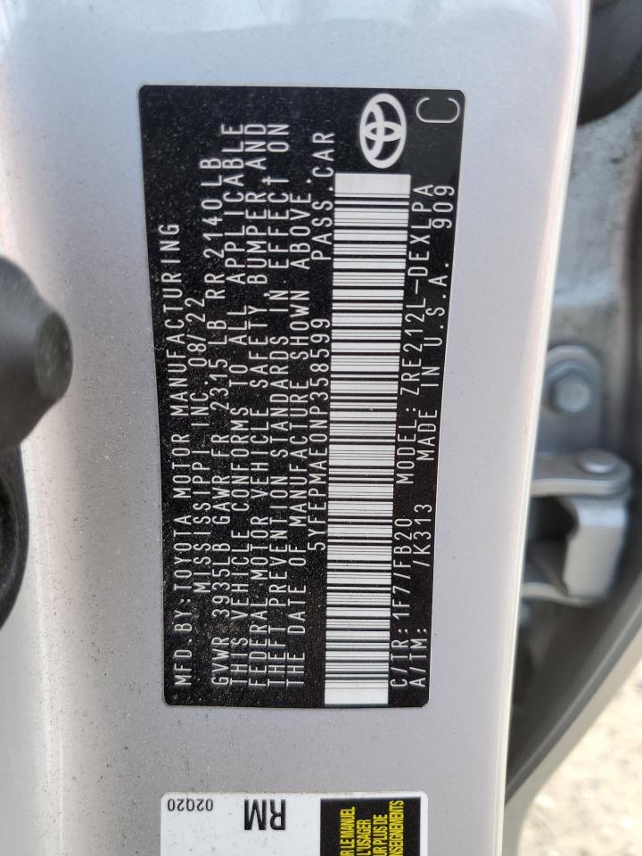 2022 Toyota Corolla VIN 5YFEPMAE0NP358599 Copart auction photo, front end / side damage thumbnail 13