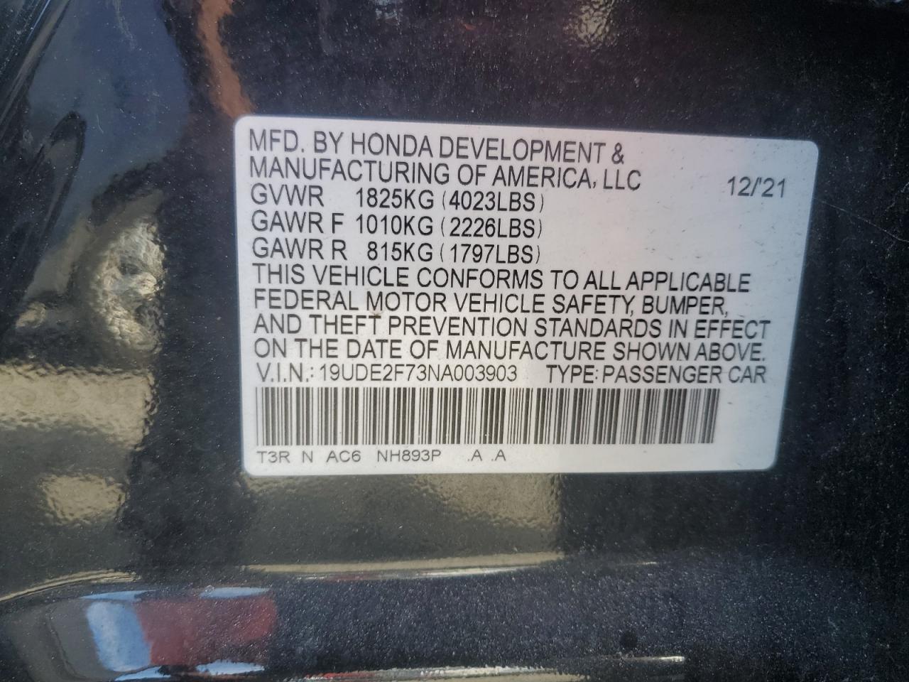 2022 Acura ILX VIN 19UDE2F73NA003903 Copart auction photo, water/flood damage thumbnail 13
