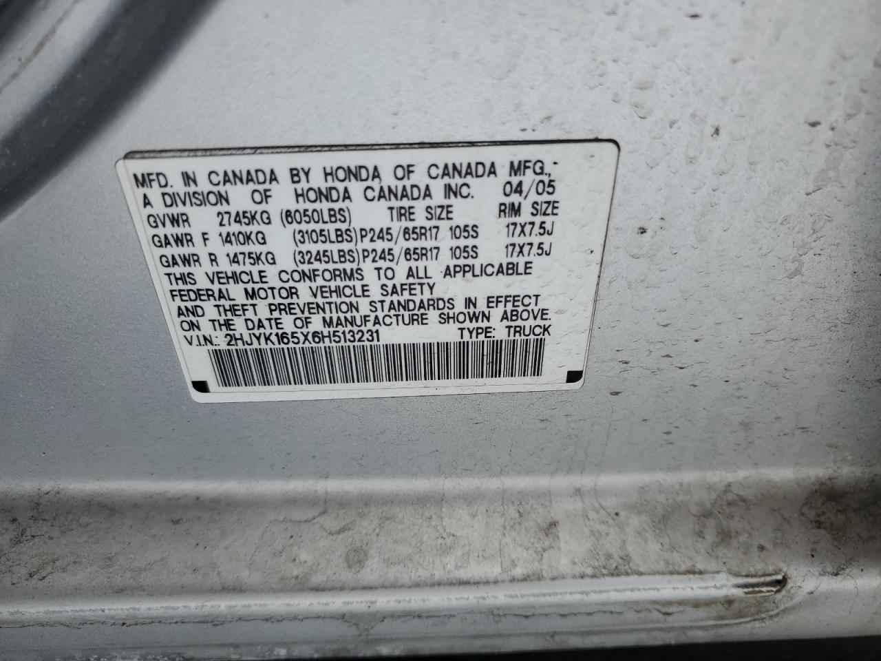2006 Honda Ridgeline VIN 2HJYK165X6H513231 Copart auction photo, side damage thumbnail 12