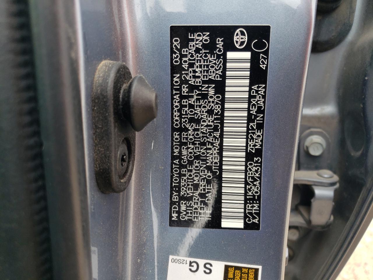 2020 Toyota Corolla VIN JTDEPRAE4LJ113870 Copart auction photo, front end / side damage thumbnail 13