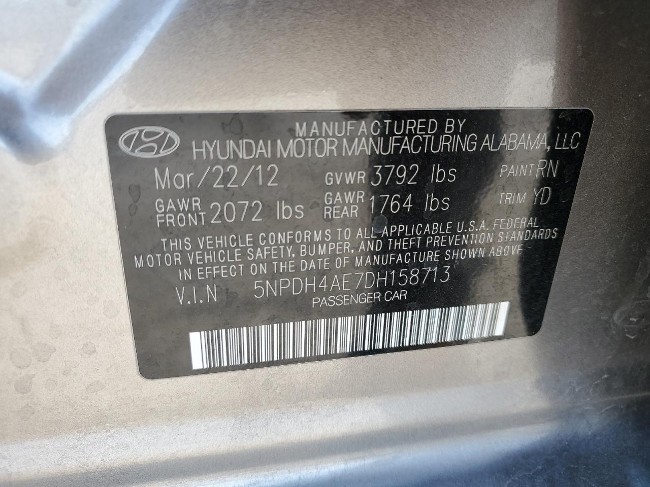 2013 Hyundai Elantra VIN 5NPDH4AE7DH158713 Copart auction photo, front end damage thumbnail 14