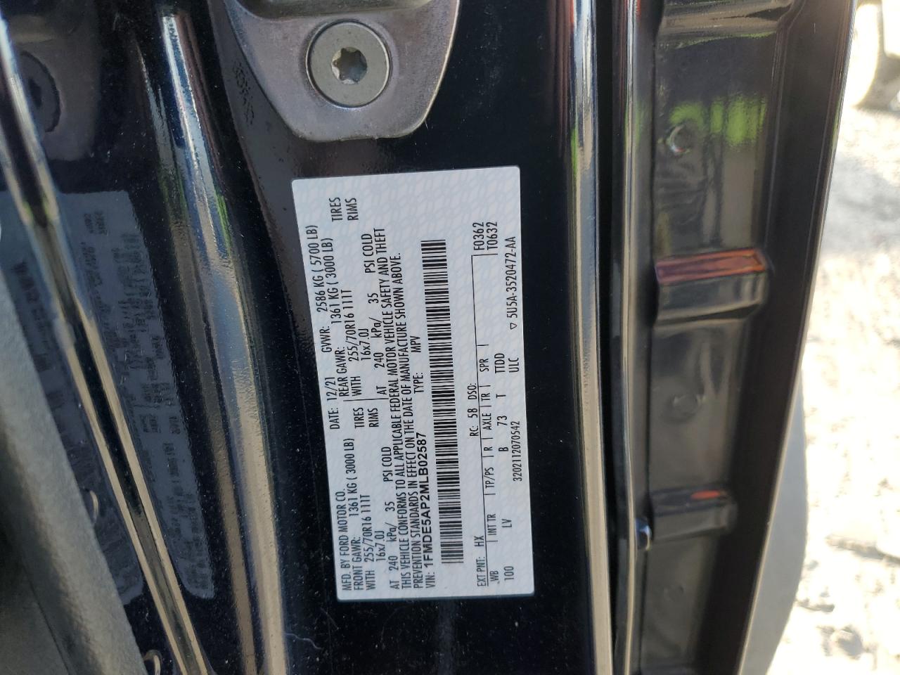 2021 Ford Bronco VIN 1FMDE5AP2MLB02587 Copart auction photo, front end damage thumbnail 16