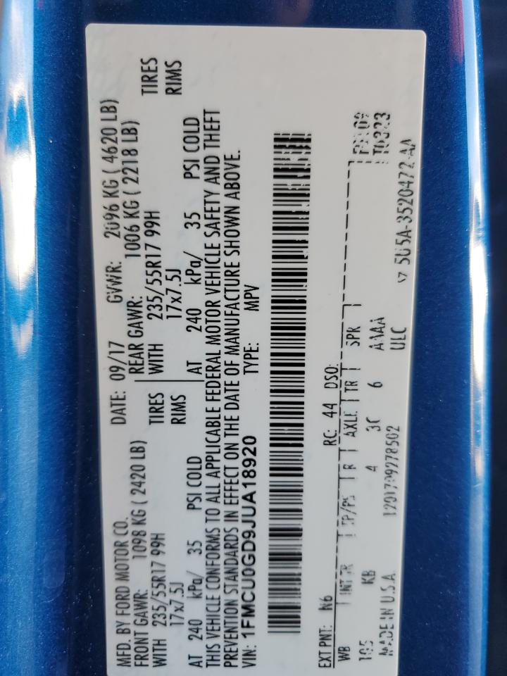 2018 Ford Escape VIN 1FMCU0GD9JUA18920 Copart auction photo, front end damage thumbnail 14