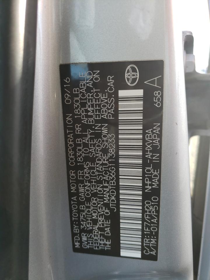 2016 Toyota Prius VIN JTDKDTB36G1138233 Copart auction photo, front end damage thumbnail 12