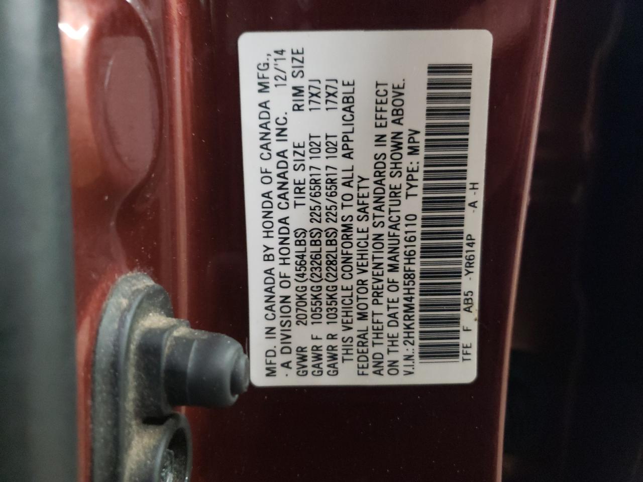 2015 Honda CR-V VIN 2HKRM4H58FH616110 Copart auction photo, side damage thumbnail 12