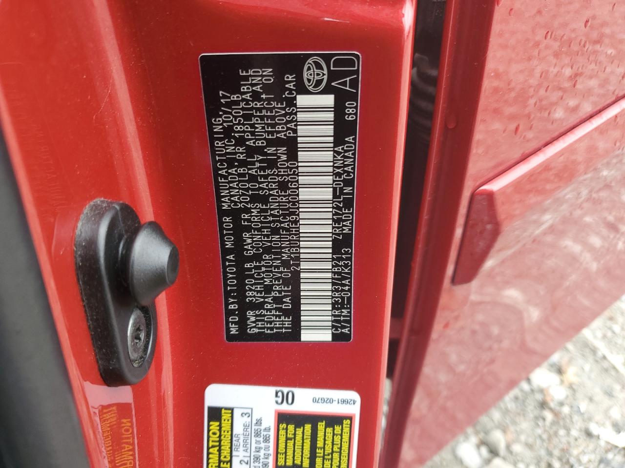 2018 Toyota Corolla VIN 2T1BURHE9JC006050 Copart auction photo, frame damage / front end damage thumbnail 12
