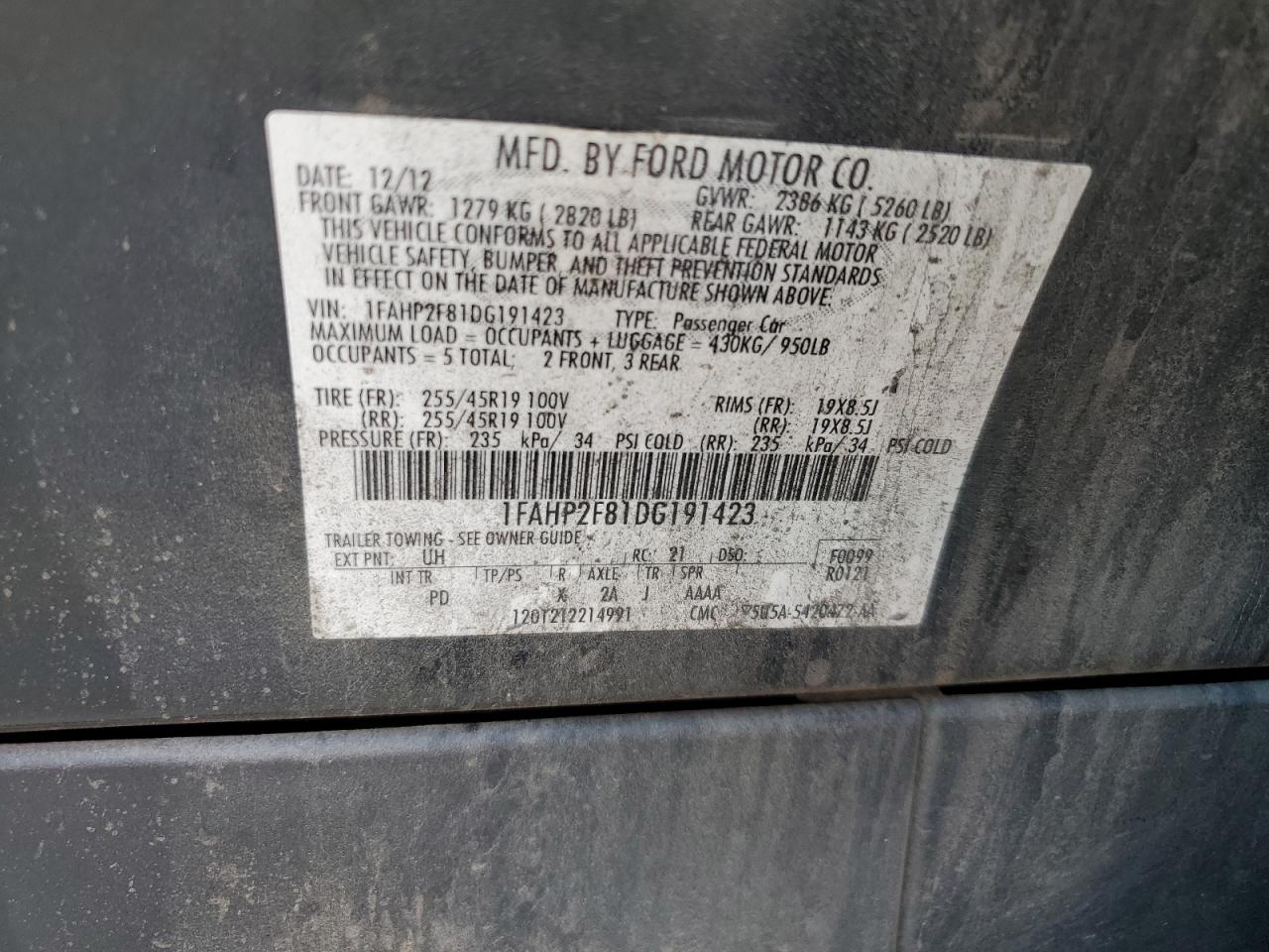 2013 Ford Taurus VIN 1FAHP2F81DG191423 Copart auction photo, front end / rear end damage thumbnail 12