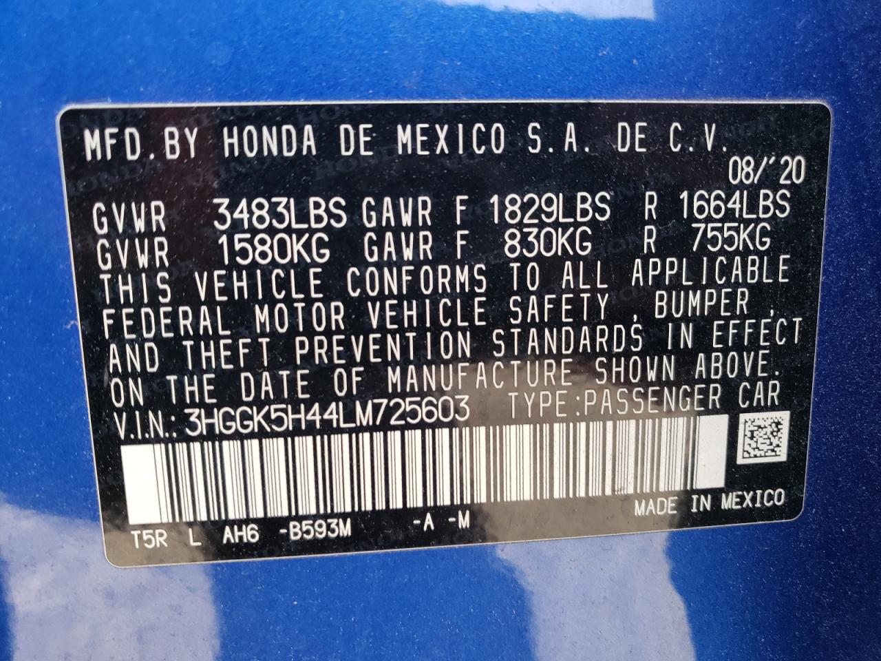 2020 Honda Fit VIN 3HGGK5H44LM725603 Copart auction photo, side damage thumbnail 14