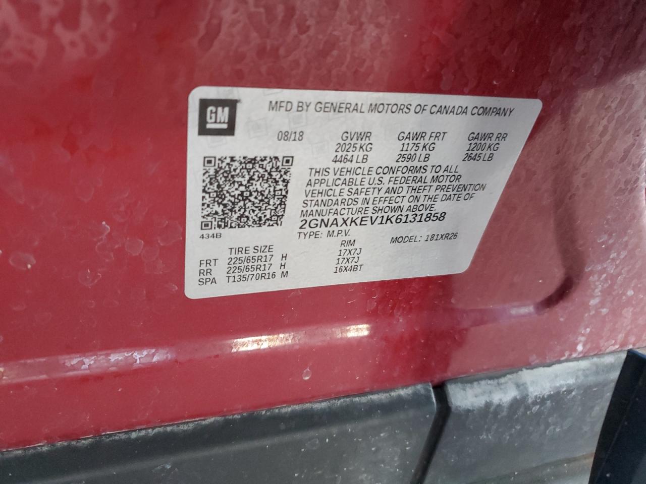 2019 Chevrolet Equinox VIN 2GNAXKEV1K6131858 Copart auction photo, front end / undercarriage damage thumbnail 15