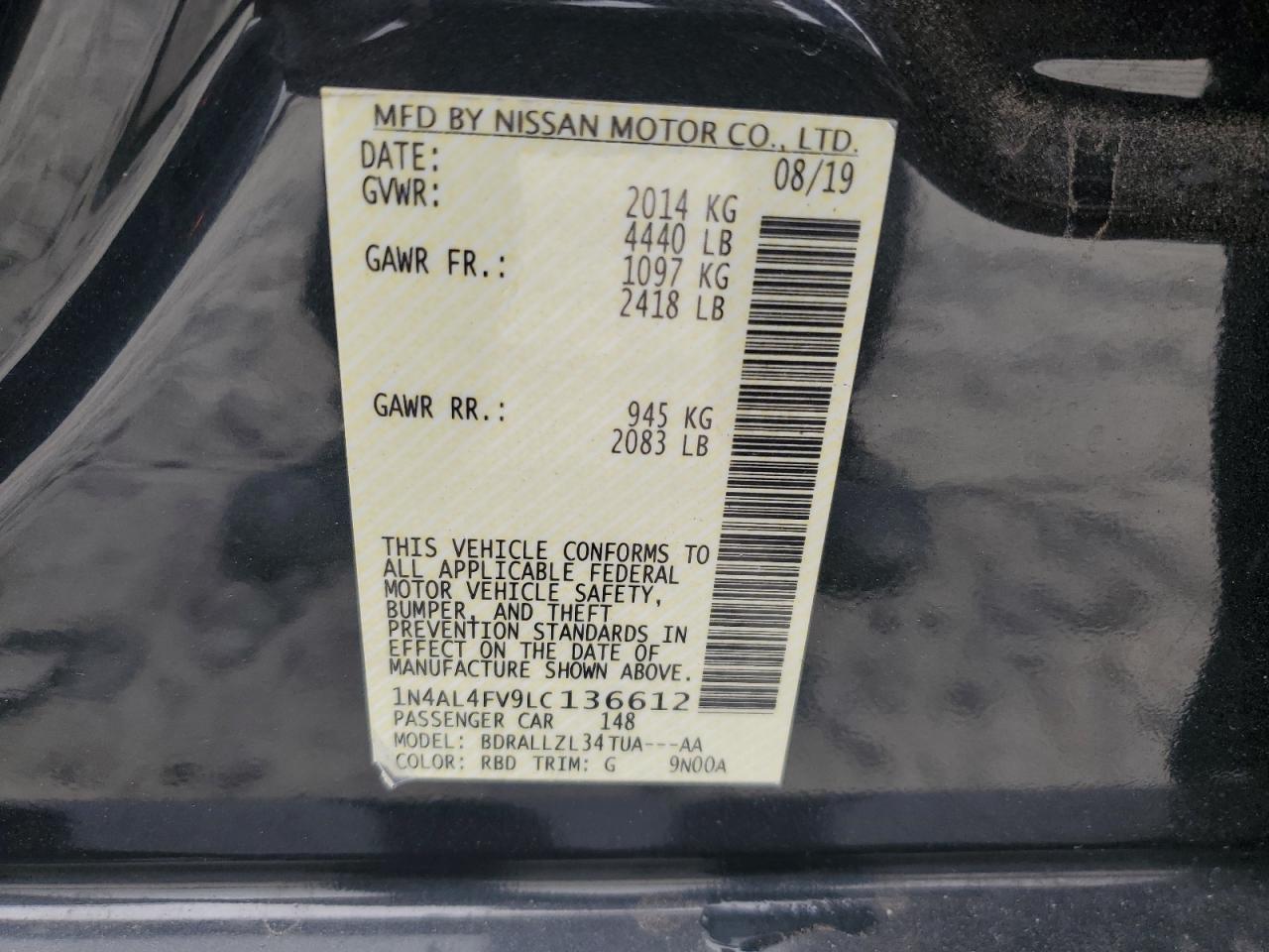 2020 Nissan Altima VIN 1N4AL4FV9LC136612 Copart auction photo, rear end damage thumbnail 15