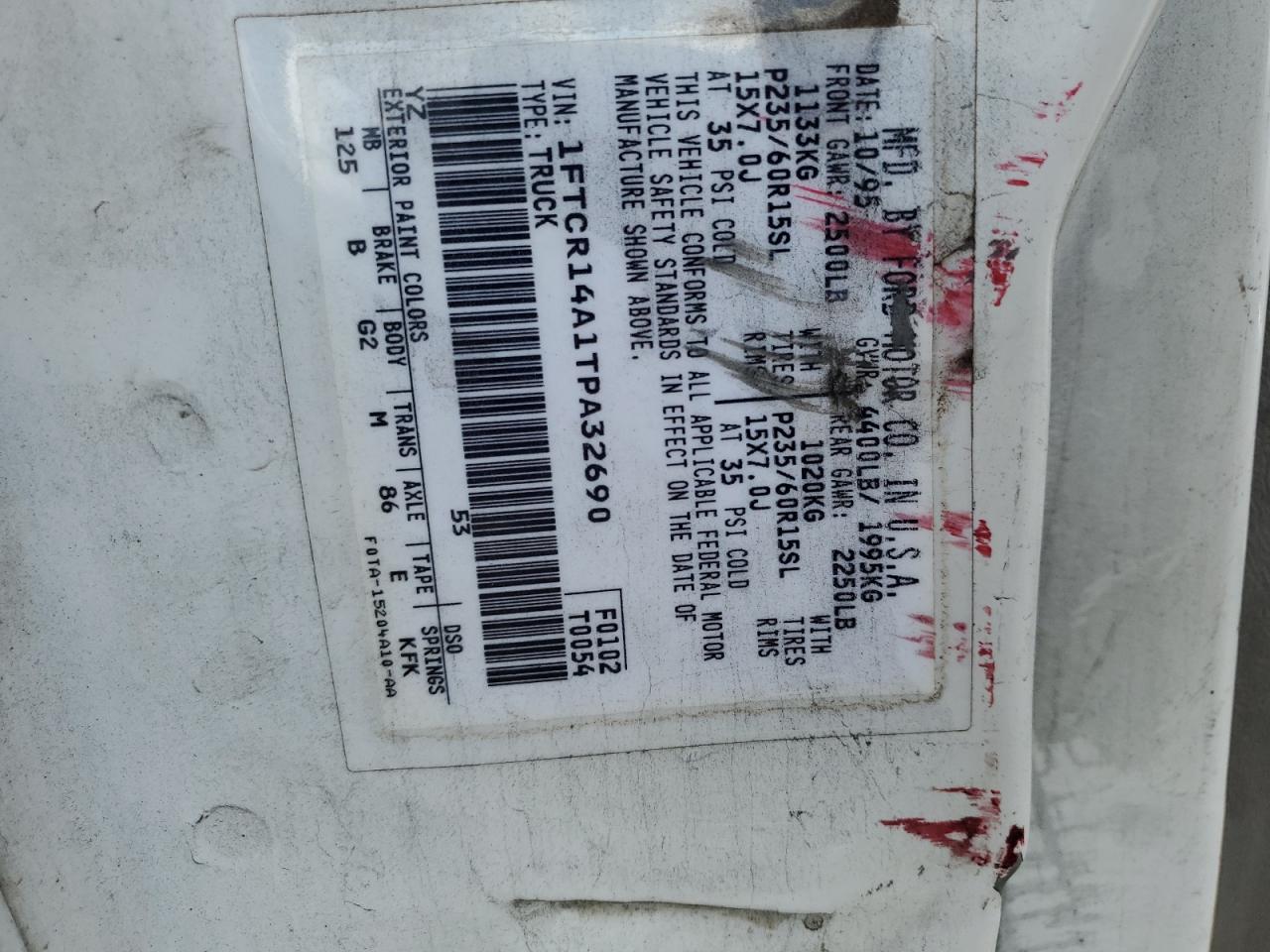 1996 Ford Ranger VIN 1FTCR14A1TPA32690 Copart auction photo, all over damage thumbnail 13