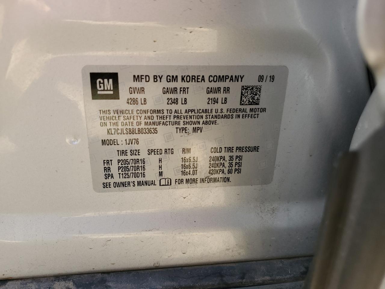 2020 Chevrolet Trax VIN KL7CJLSB8LB033635 Copart auction photo, front end / side damage thumbnail 13