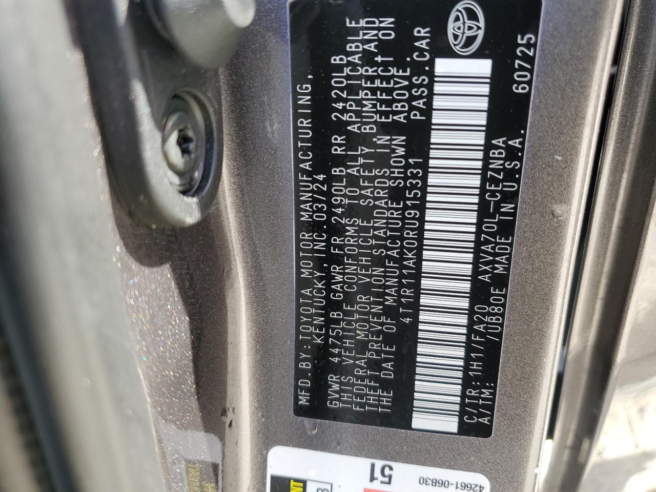 2024 Toyota Camry VIN 4T1R11AK0RU915331 Copart auction photo, rear end / front end damage thumbnail 12