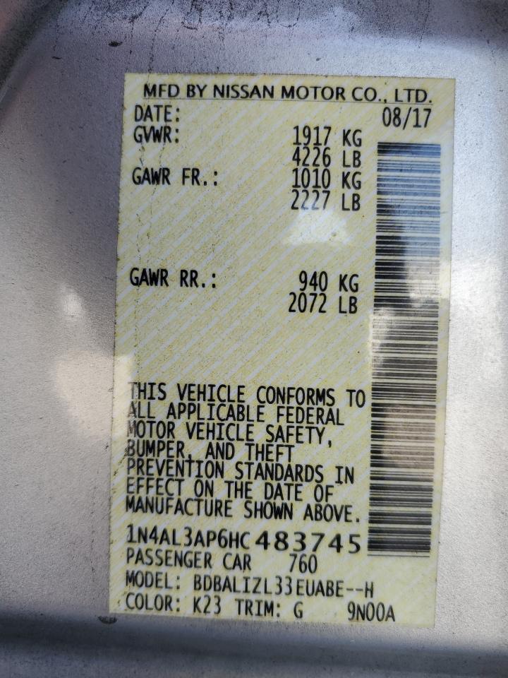 2017 Nissan Altima VIN 1N4AL3AP6HC483745 Copart auction photo, rear end / frame damage damage thumbnail 14