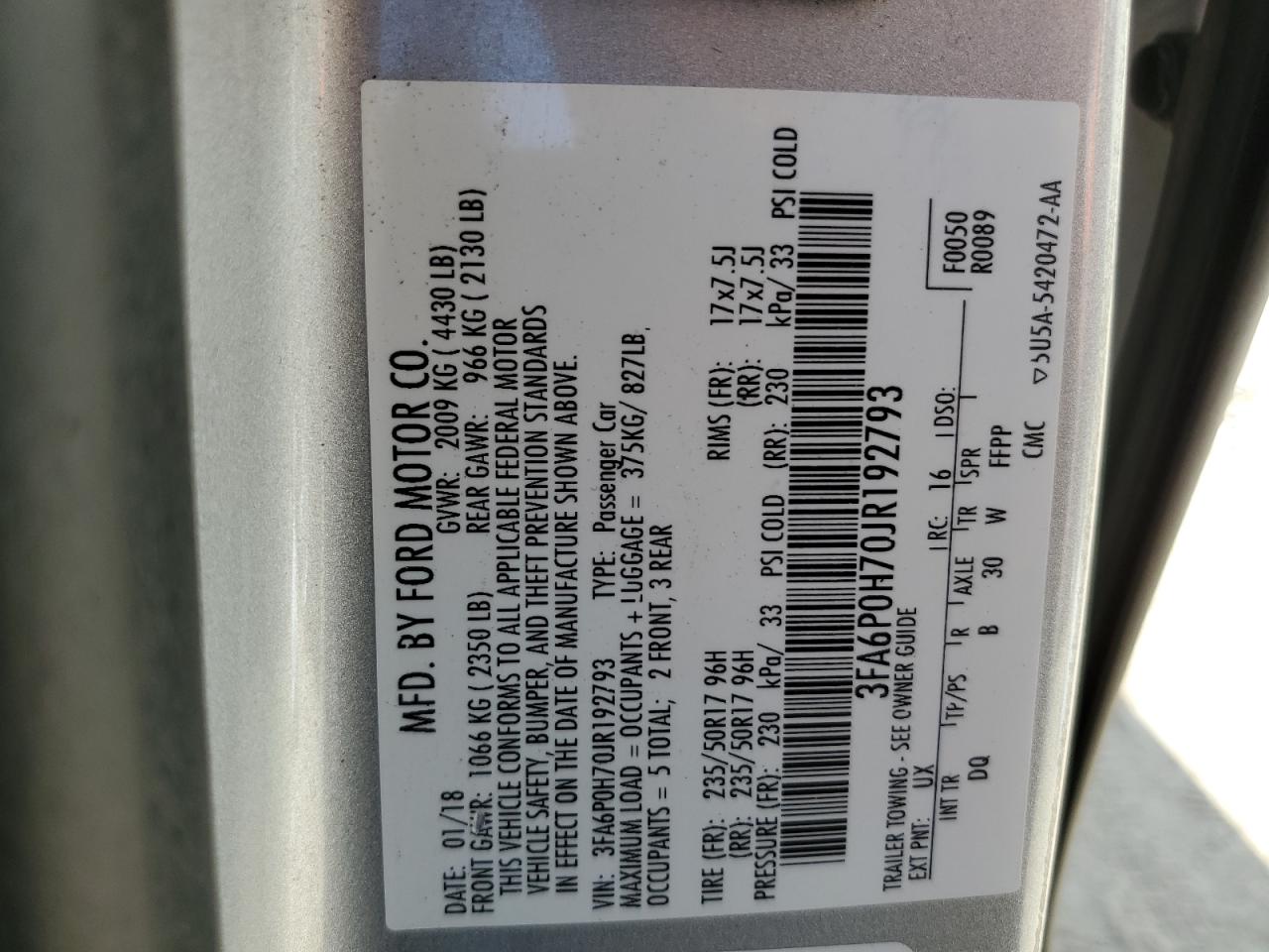 2018 Ford Fusion VIN 3FA6P0H70JR192793 Copart auction photo, front end / minor dent/scratches damage thumbnail 12