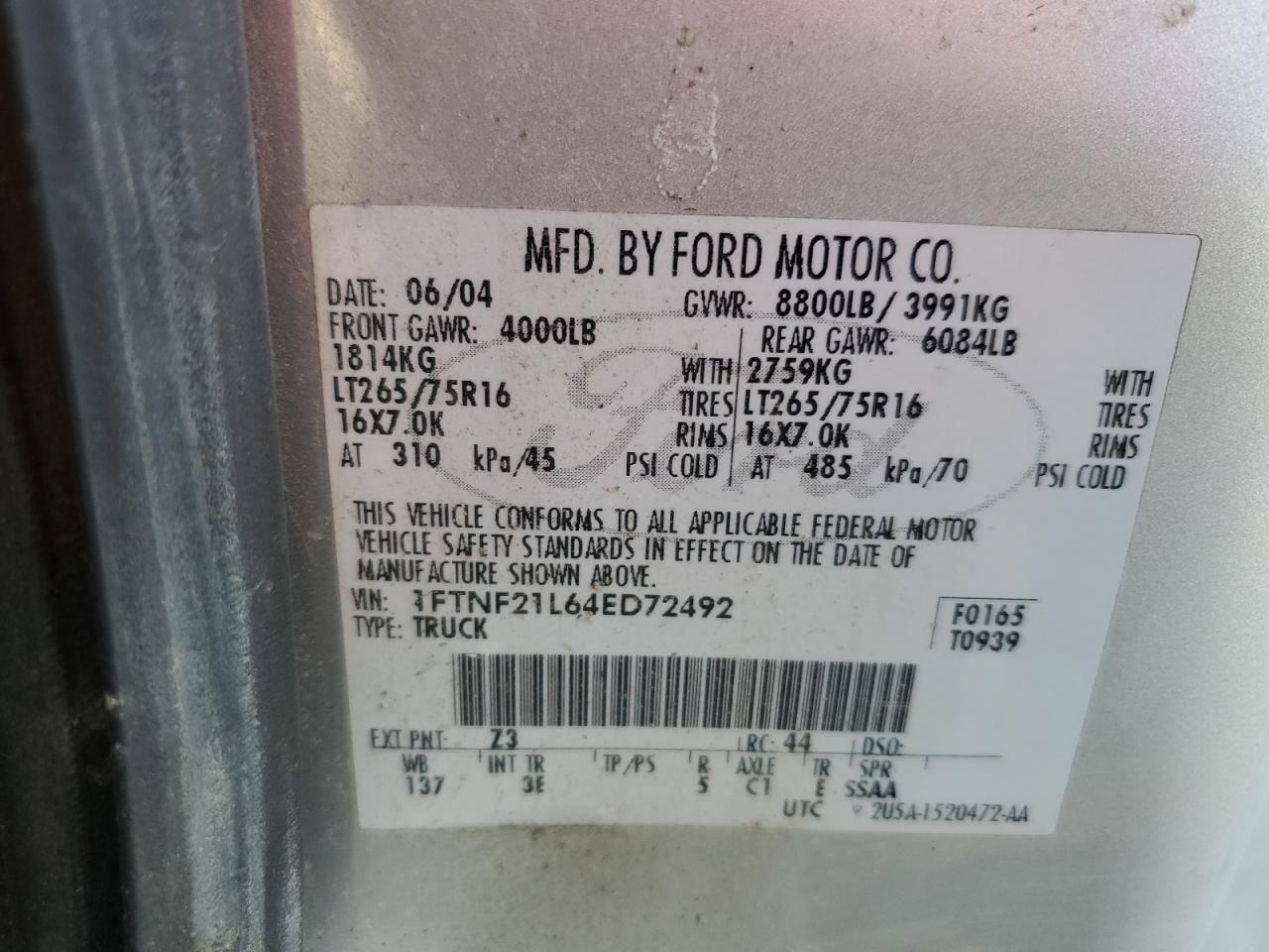 2004 Ford F250 VIN 1FTNF21L64ED72492 Copart auction photo, rollover damage thumbnail 12