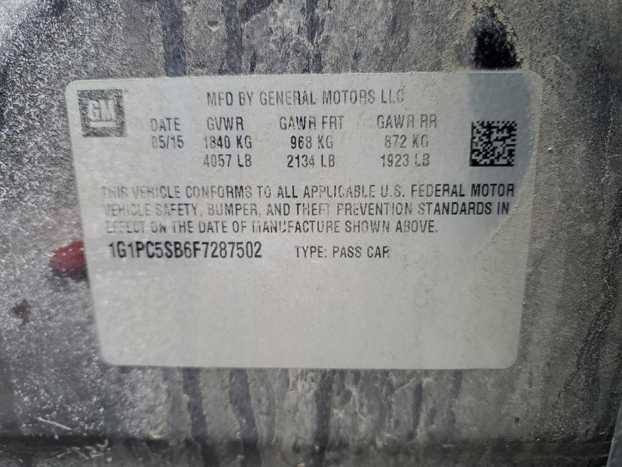 2015 Chevrolet Cruze VIN 1G1PC5SB6F7287502 Copart auction photo, rear end damage thumbnail 12