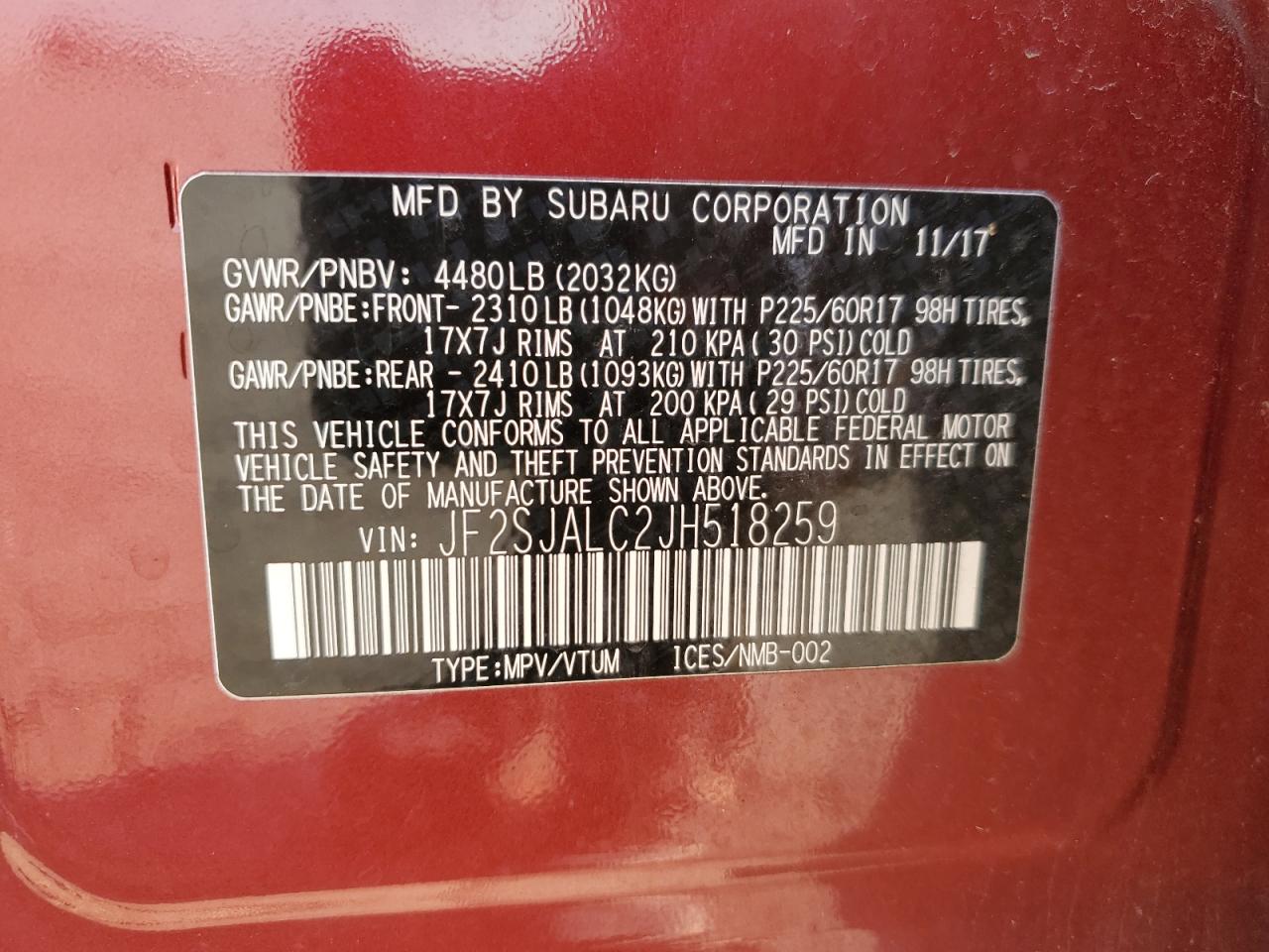 2018 Subaru Forester VIN JF2SJALC2JH518259 Copart auction photo, side / rear end damage thumbnail 14