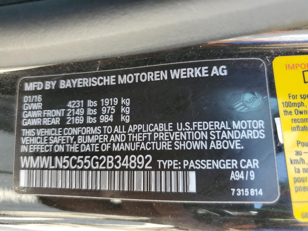 2016 MINI Cooper VIN WMWLN5C55G2B34892 Copart auction photo, front end / rear end damage thumbnail 12