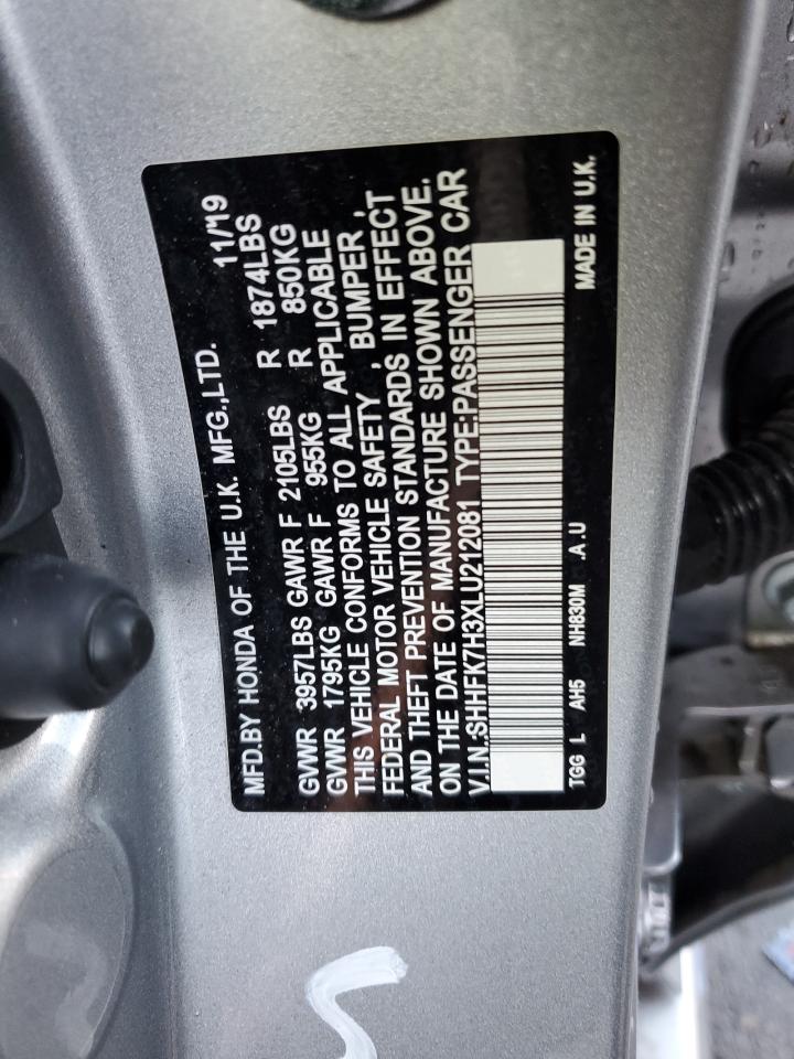 2020 Honda Civic VIN SHHFK7H3XLU212081 Copart auction photo, side damage thumbnail 12