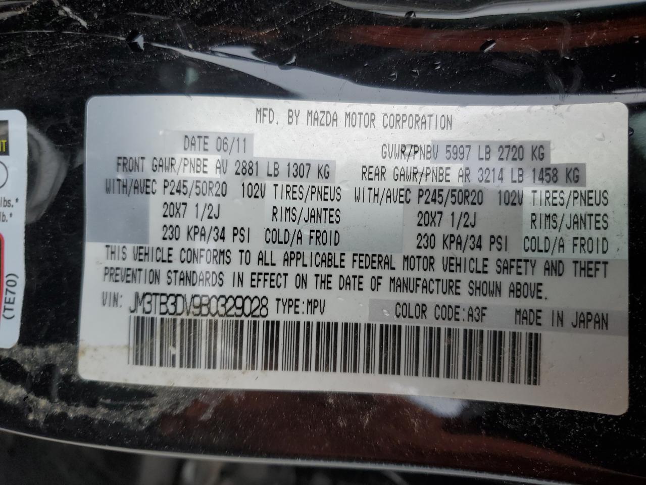 2011 Mazda CX-9 VIN JM3TB3DV9B0329028 Copart auction photo, all over damage thumbnail 14