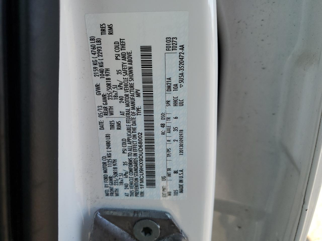 2013 Ford Escape VIN 1FMCU9HX9DUD68002 Copart auction photo, front end / rear end damage thumbnail 16