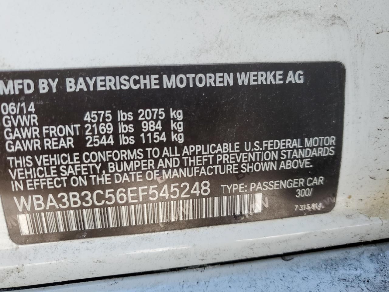 2014 BMW 3er VIN WBA3B3C56EF545248 Copart auction photo, front end damage thumbnail 12