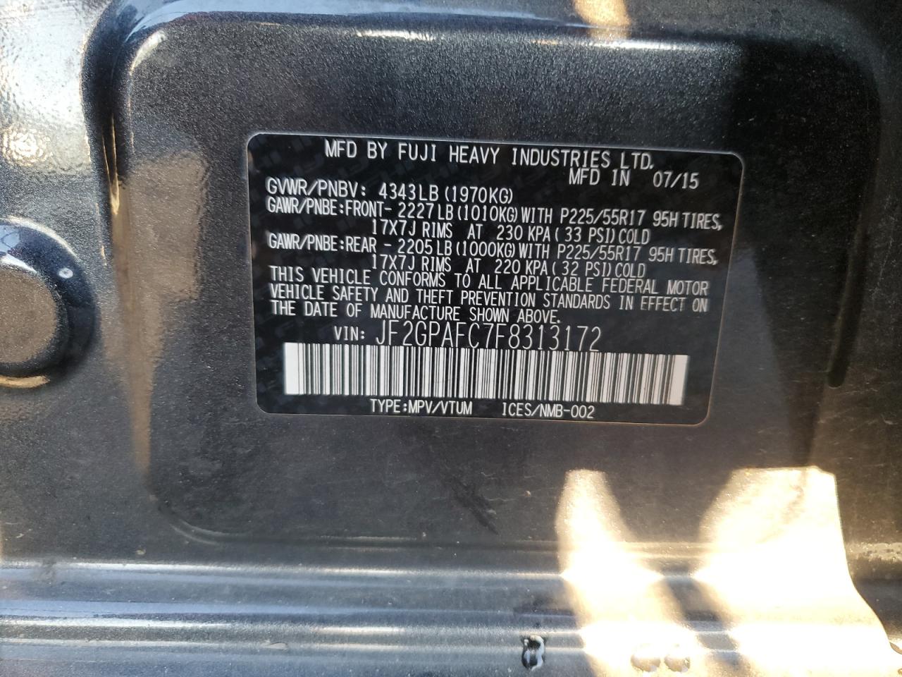 2015 Subaru XV VIN JF2GPAFC7F8313172 Copart auction photo, rear end / undercarriage damage thumbnail 14