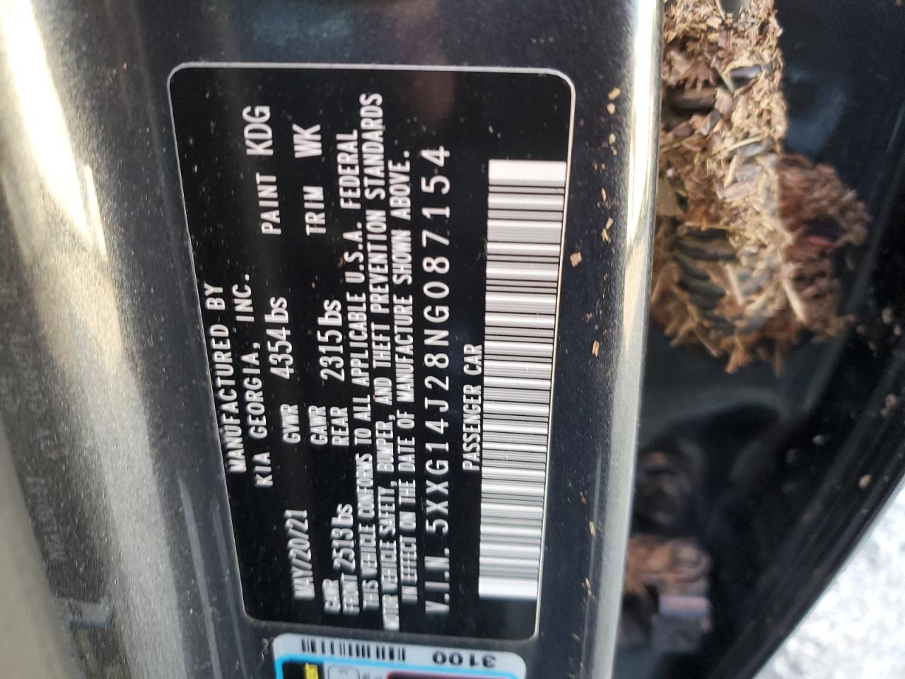 2022 KIA K5 VIN 5XXG14J28NG087154 Copart auction photo, water/flood damage thumbnail 12