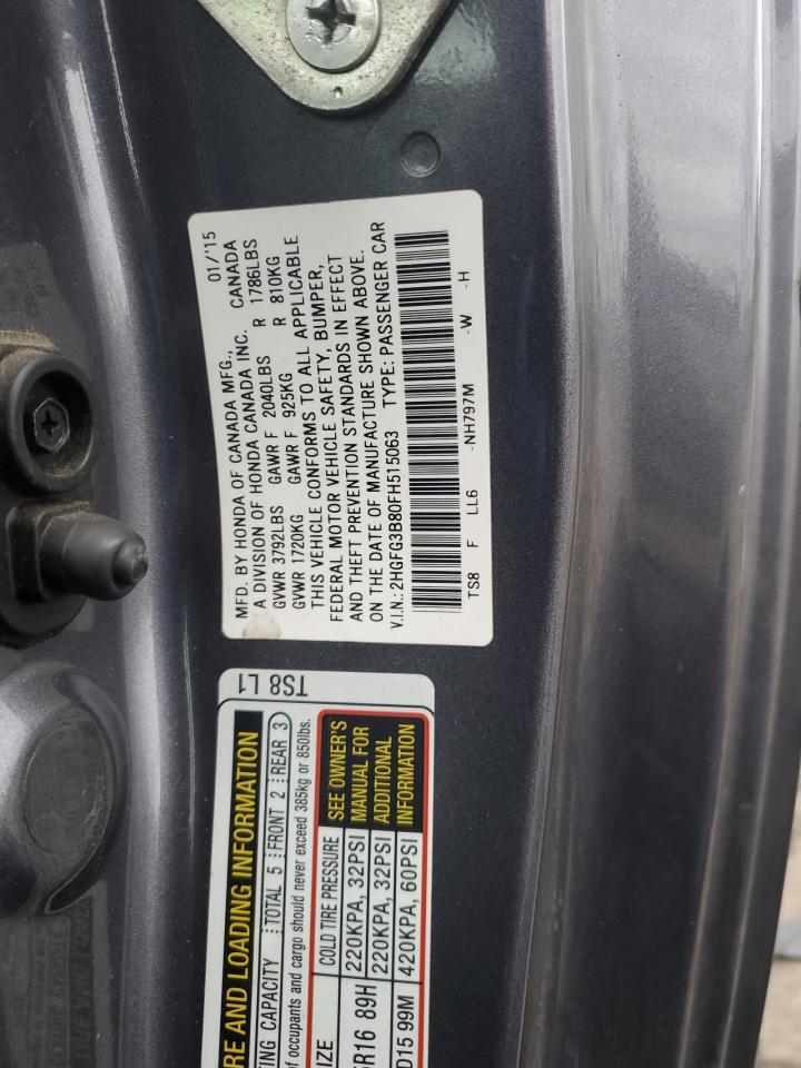 2015 Honda Civic VIN 2HGFG3B80FH515063 Copart auction photo, front end damage thumbnail 14