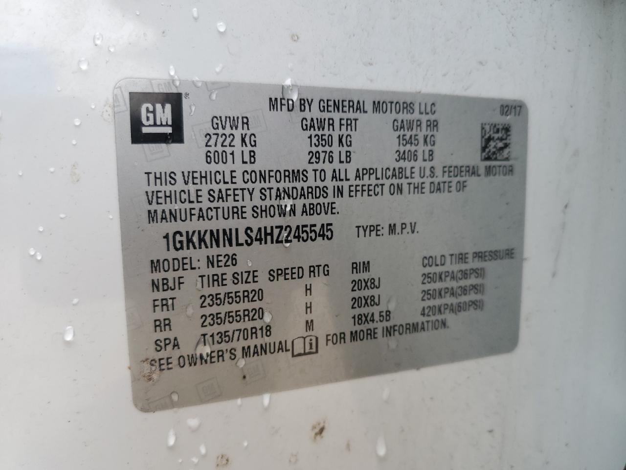 2017 GMC Acadia VIN 1GKKNNLS4HZ245545 Copart auction photo, front end damage thumbnail 12