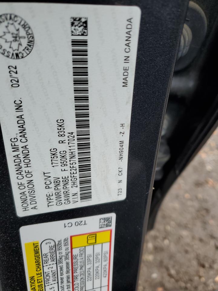 2022 Honda Civic VIN 2HGFE2F57NH117024 Copart auction photo, front end damage thumbnail 12