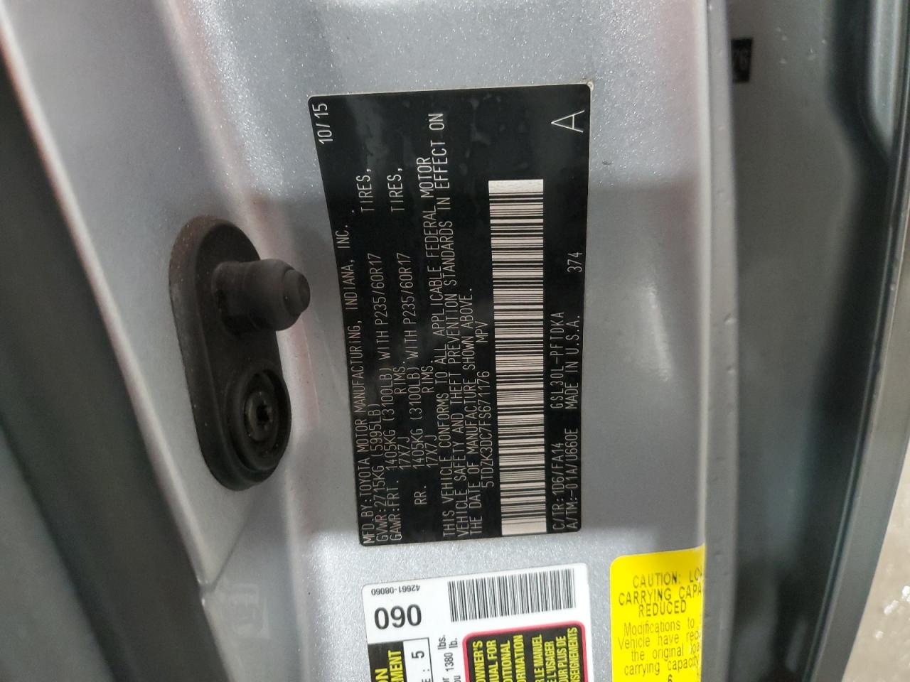 2015 Toyota Sienna VIN 5TDZK3DC7FS671176 Copart auction photo, front end damage thumbnail 15