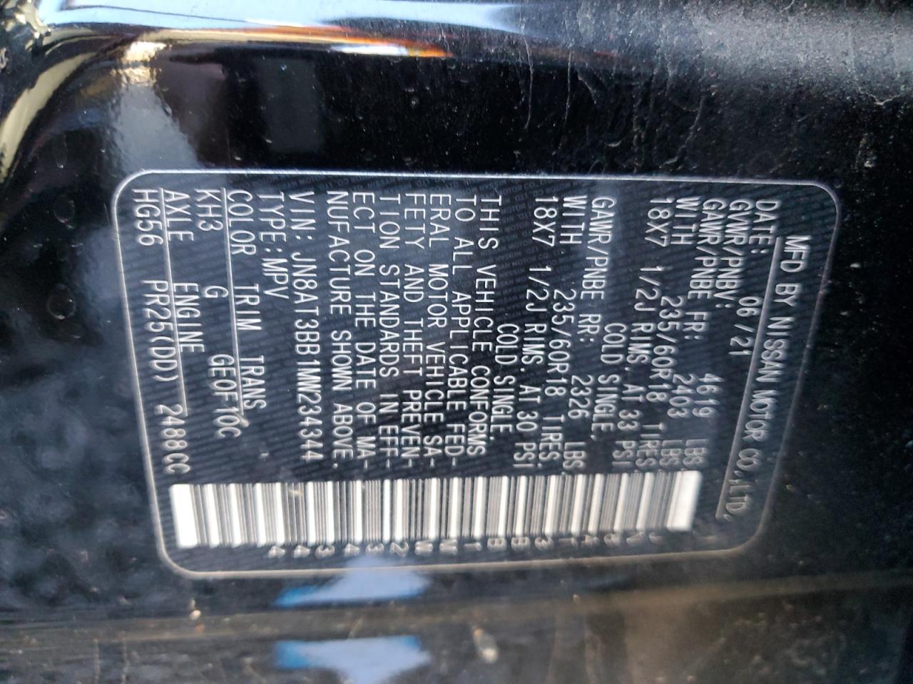 2021 Nissan Rogue VIN JN8AT3BB1MW234344 Copart auction photo, side / undercarriage damage thumbnail 12
