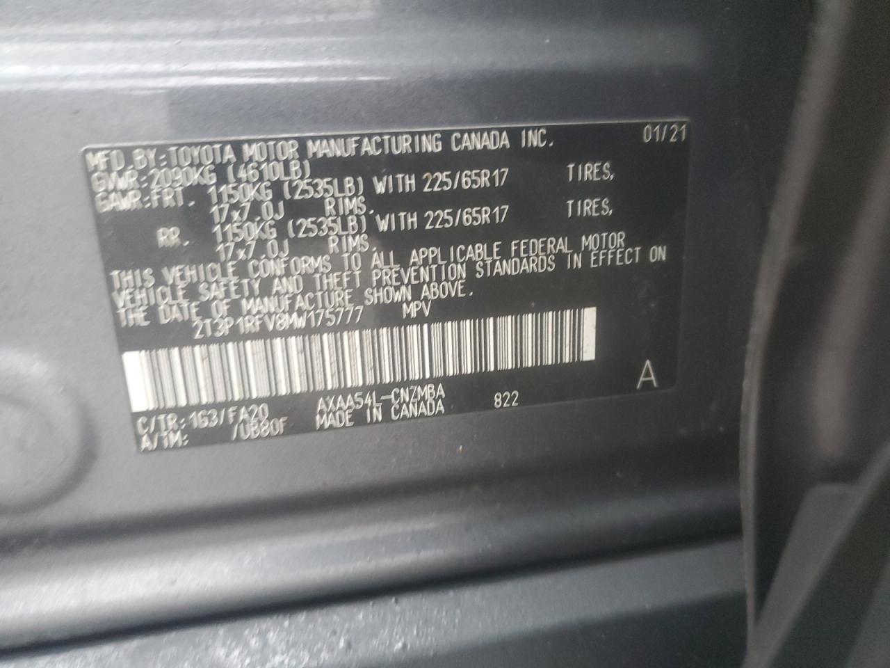 2021 Toyota RAV 4 VIN 2T3P1RFV8MW175777 Copart auction photo, front end / rear end damage thumbnail 13