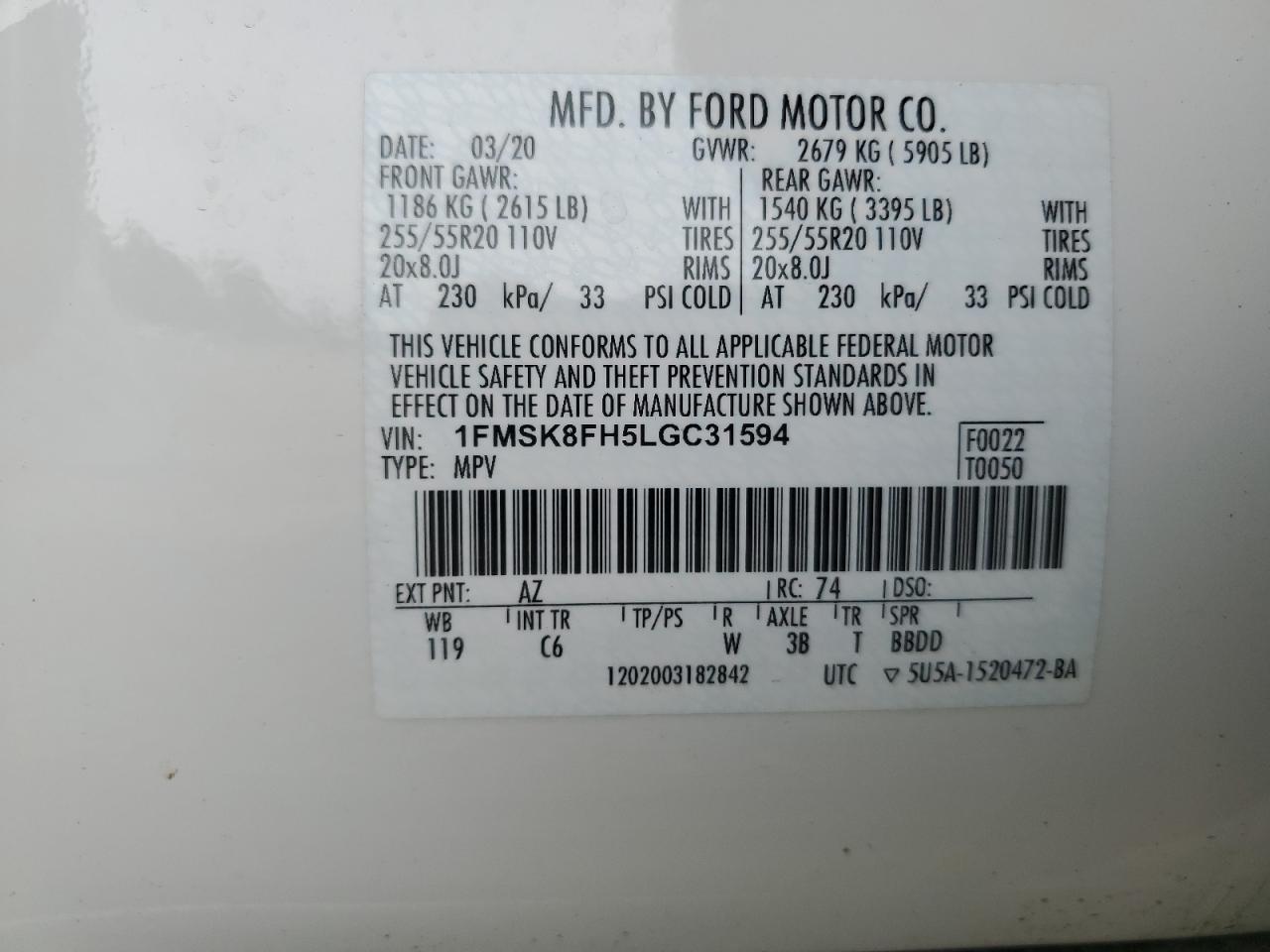 2020 Ford Explorer VIN 1FMSK8FH5LGC31594 Copart auction photo, rear end damage thumbnail 13
