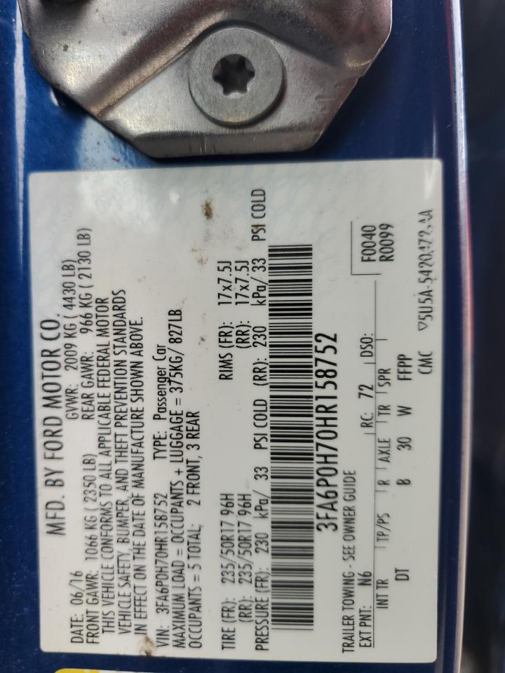 2017 Ford Fusion VIN 3FA6P0H70HR158752 Copart auction photo, rear end damage thumbnail 15