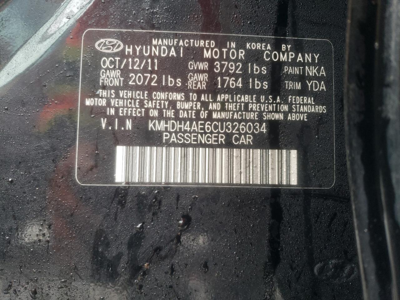 2012 Hyundai Elantra VIN KMHDH4AE6CU326034 Copart auction photo, front end / minor dent/scratches damage thumbnail 12