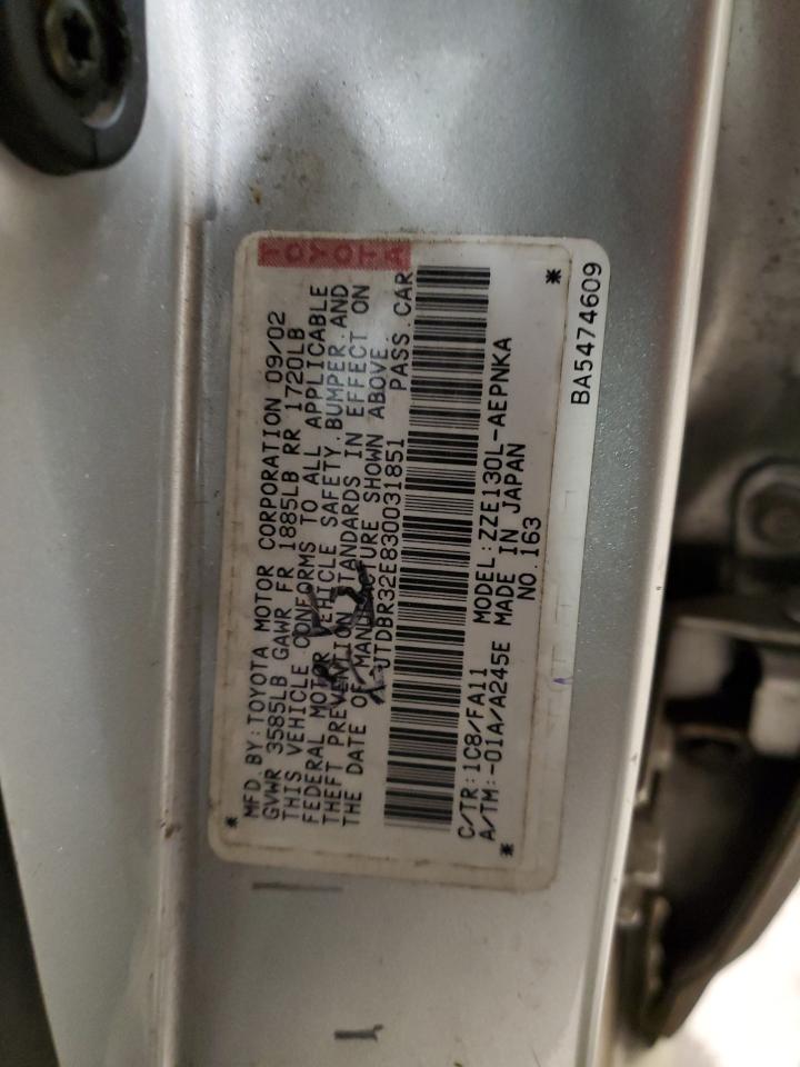 2003 Toyota Corolla VIN JTDBR32E830031851 Copart auction photo, front end / side damage thumbnail 12