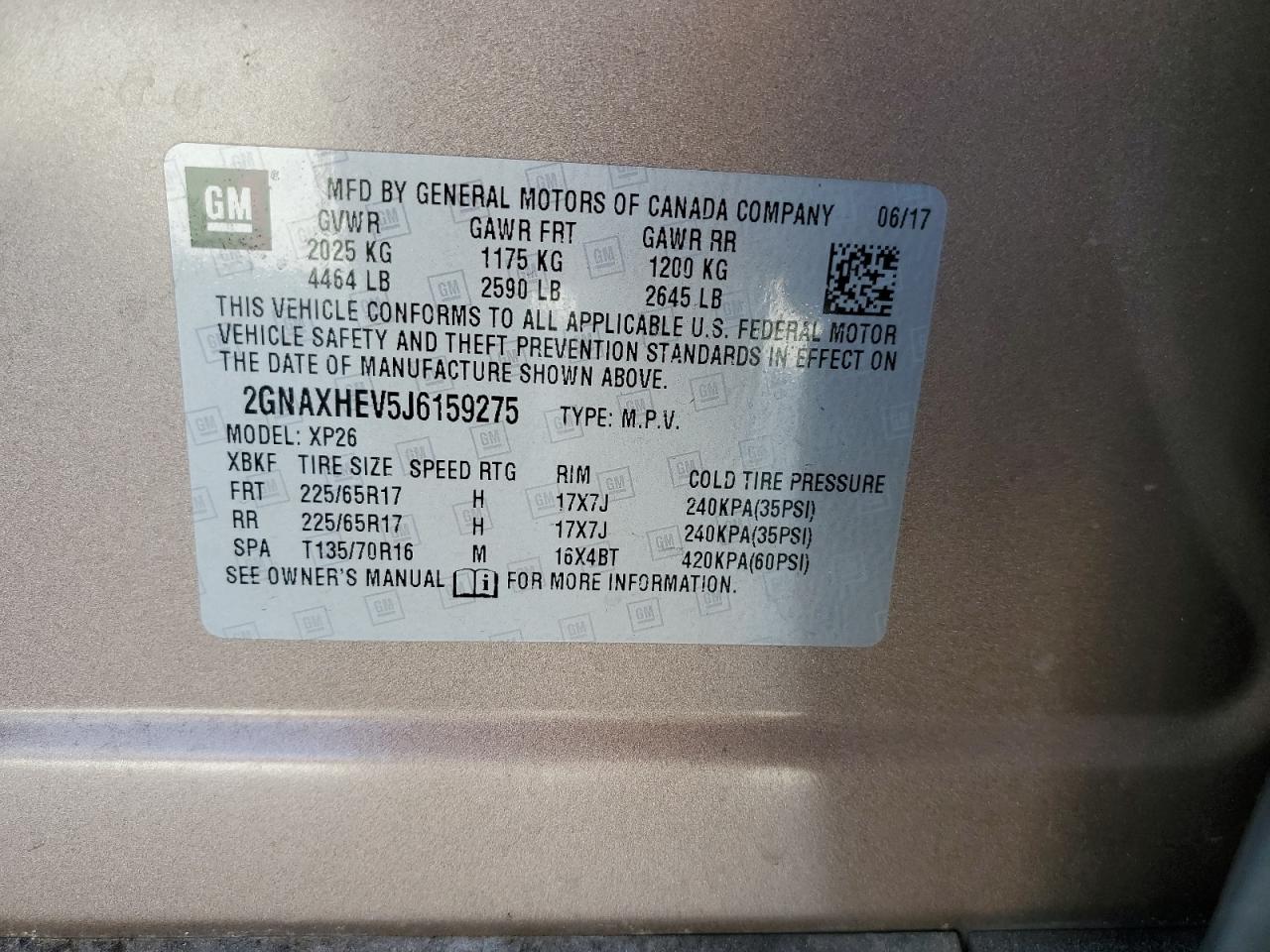2018 Chevrolet Equinox VIN 2GNAXHEV5J6159275 Copart auction photo, front end damage thumbnail 14