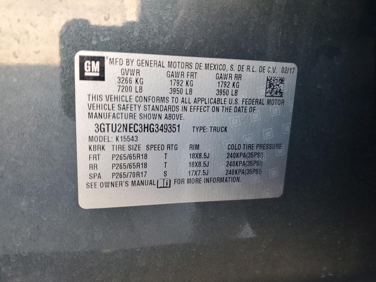 2017 GMC Sierra VIN 3GTU2NEC3HG349351 Copart auction photo, rear end damage thumbnail 12