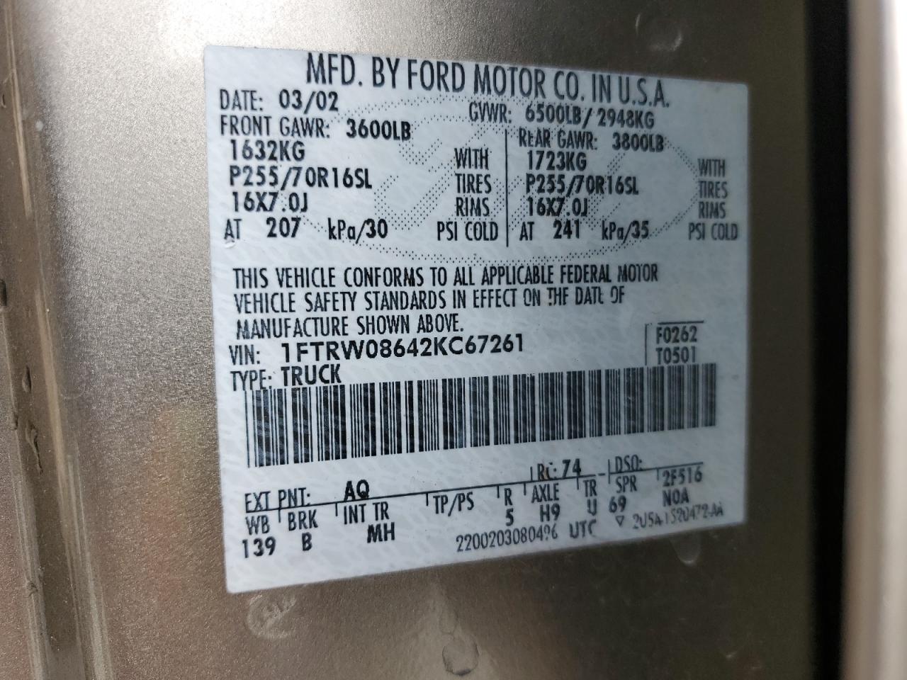 2002 Ford F-150 VIN 1FTRW08642KC67261 Copart auction photo, undercarriage damage thumbnail 14