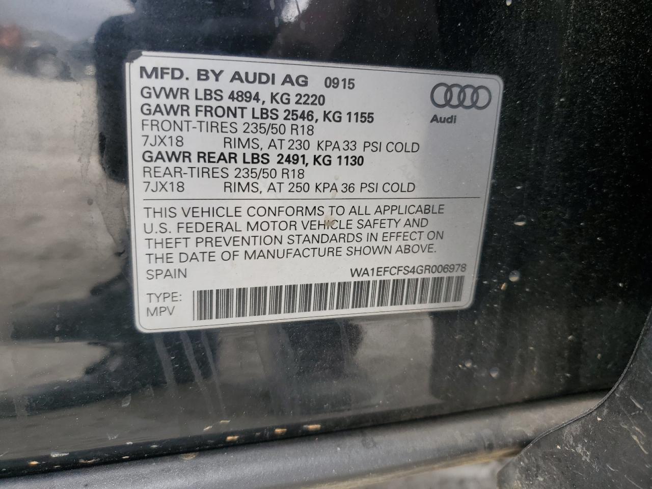 2016 Audi Q3 VIN WA1EFCFS4GR006978 Copart auction photo, rear end damage thumbnail 12