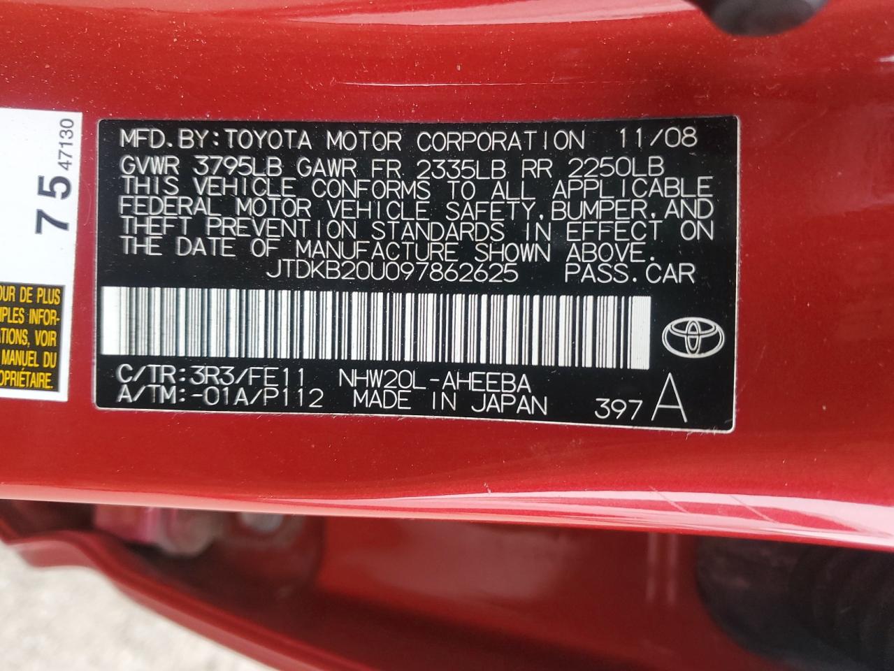 2009 Toyota Prius VIN JTDKB20U097862625 Copart auction photo, front end / minor dent/scratches damage thumbnail 12