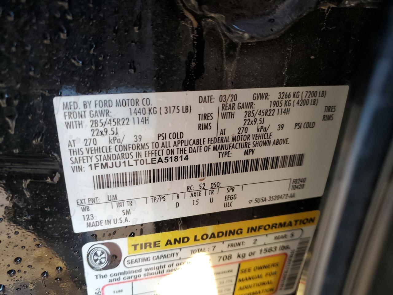 2020 Ford Expedition VIN 1FMJU1LT0LEA51814 Copart auction photo, front end damage thumbnail 14