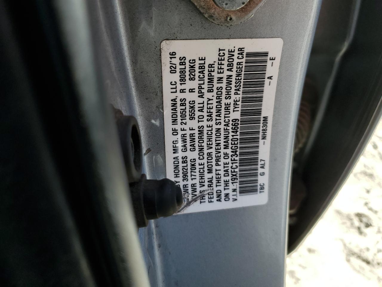 2016 Honda Civic VIN 19XFC1F34GE014669 Copart auction photo, front end / side damage thumbnail 13