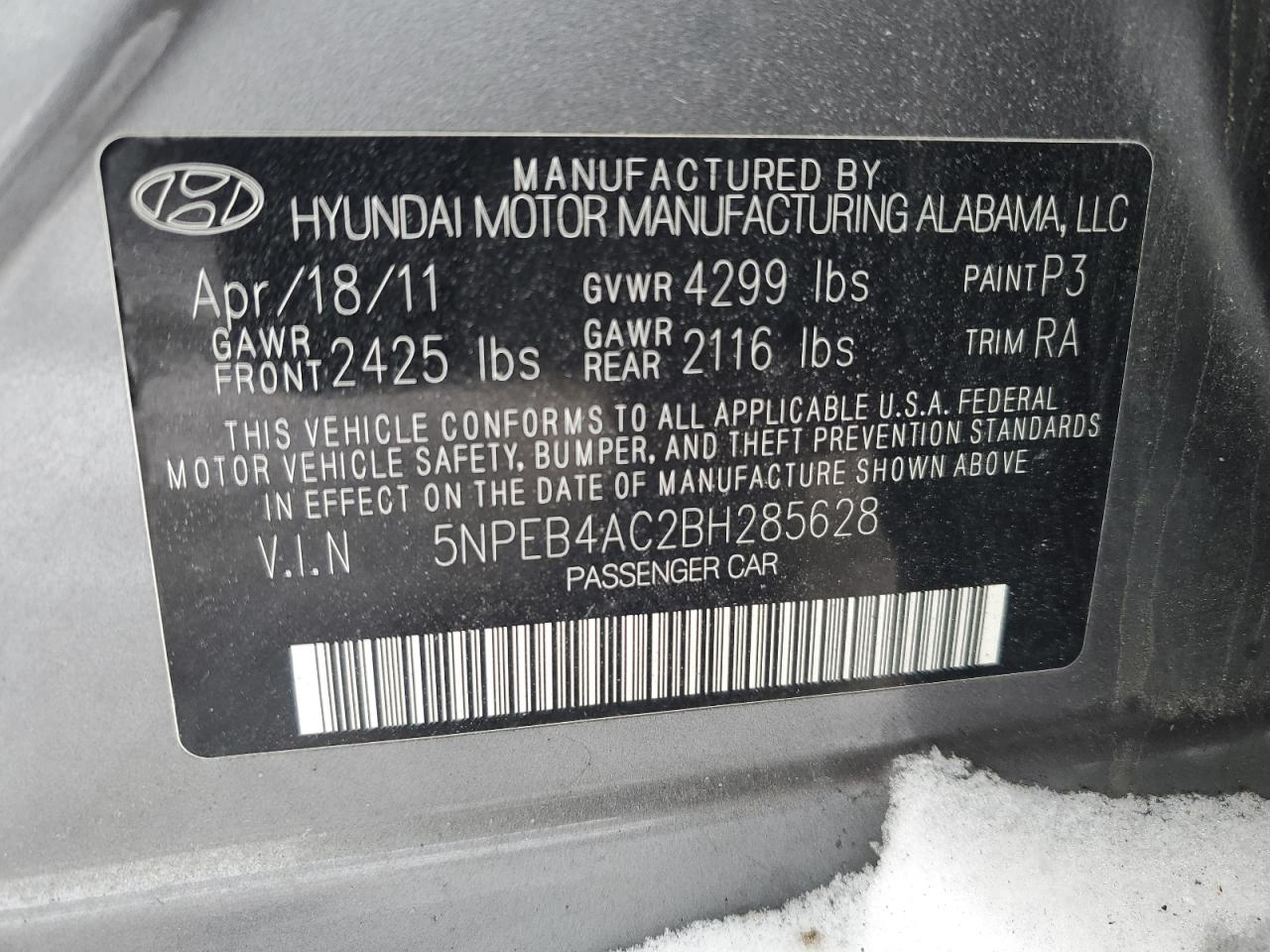2011 Hyundai Sonata VIN 5NPEB4AC2BH285628 Copart auction photo, rear end damage thumbnail 12
